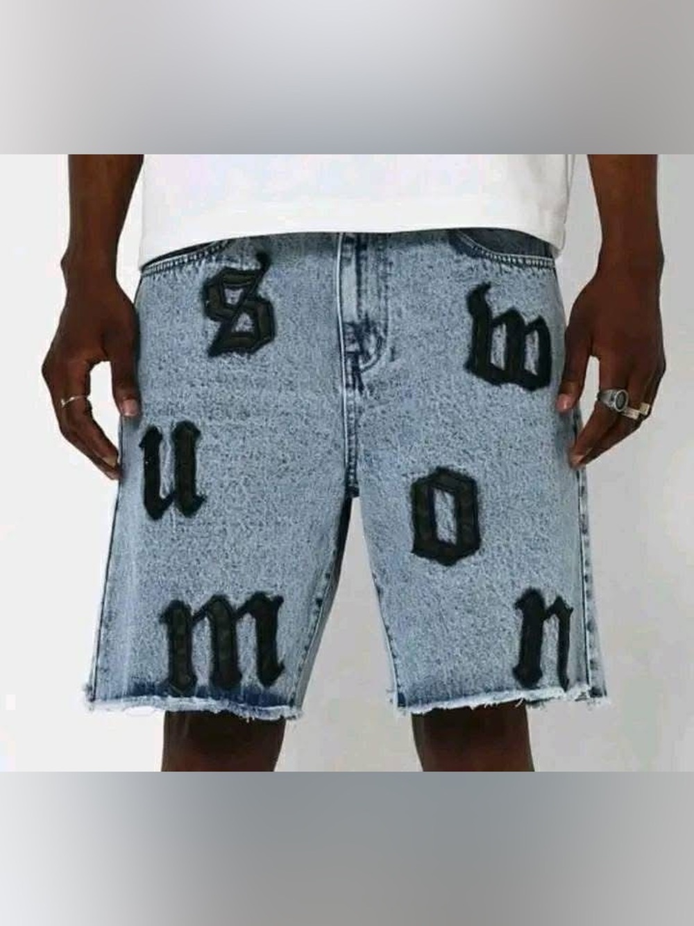 Men's SUMWON Light Blue Denim frayed hem Shorts with Black Appliqué size S